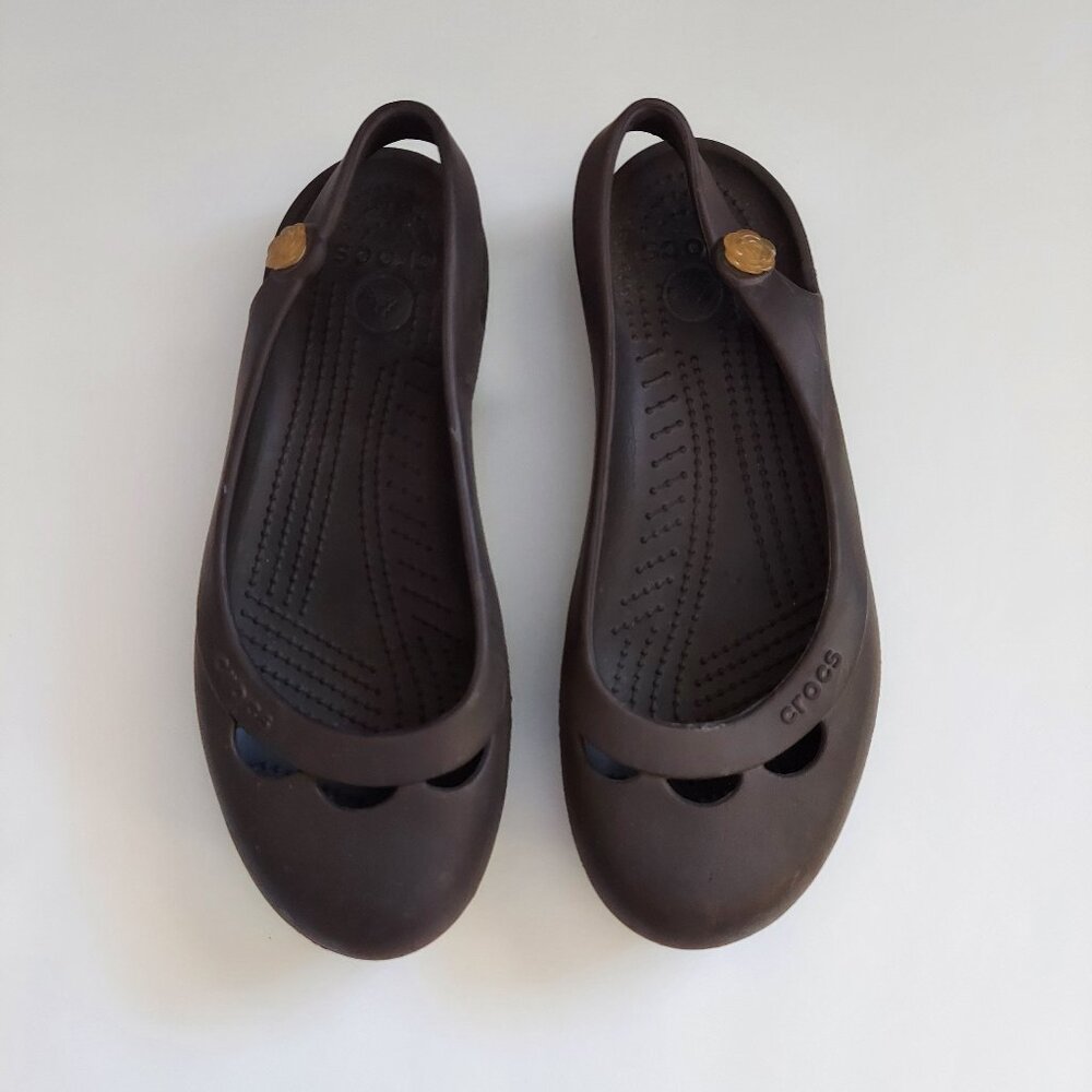 Crocs Jayna Ballet Flat Slingback Shoes Black w/ Decorative Flower Women Size 8